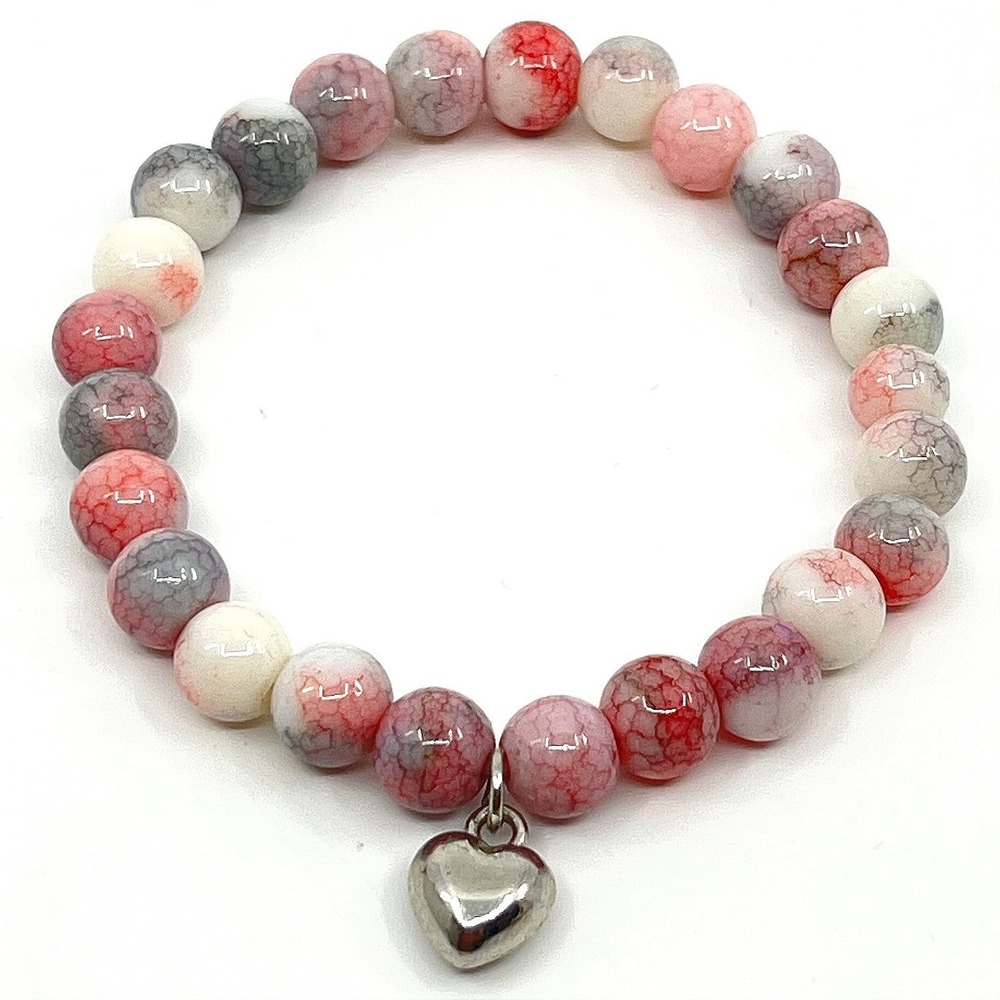 VTG Y2K Pink White Dragon Vein Agate Beaded Stretch Bracelet Heart Charm 6.75"